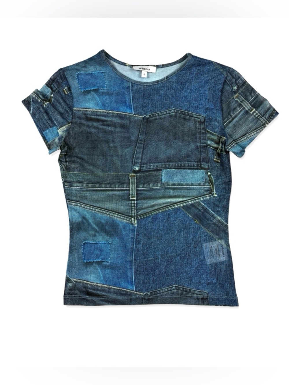 Miaou Blue Denim Jeans Print Sheer Mesh Baby Tee Top